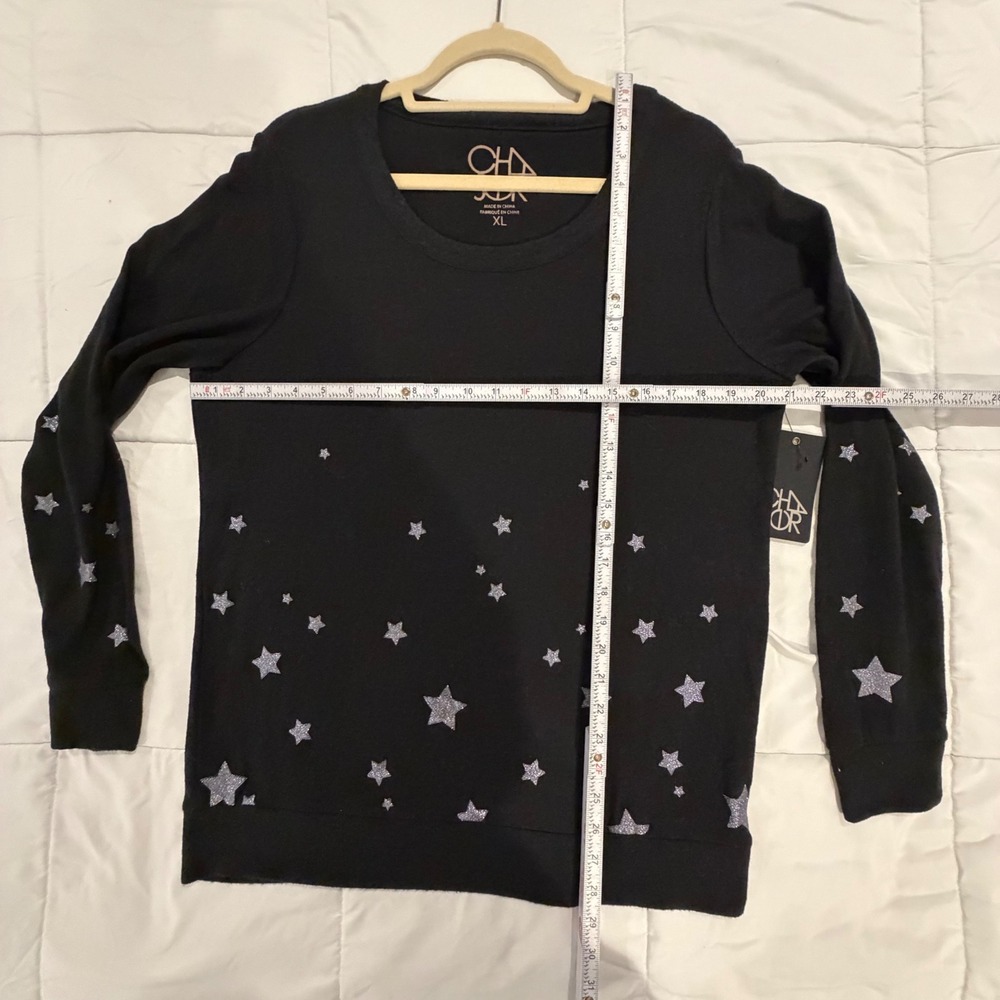 Chaser Sweatshirt XL Black Silver Glitter Star Print Long Sleeve Knit NEW - Picture 14 of 16